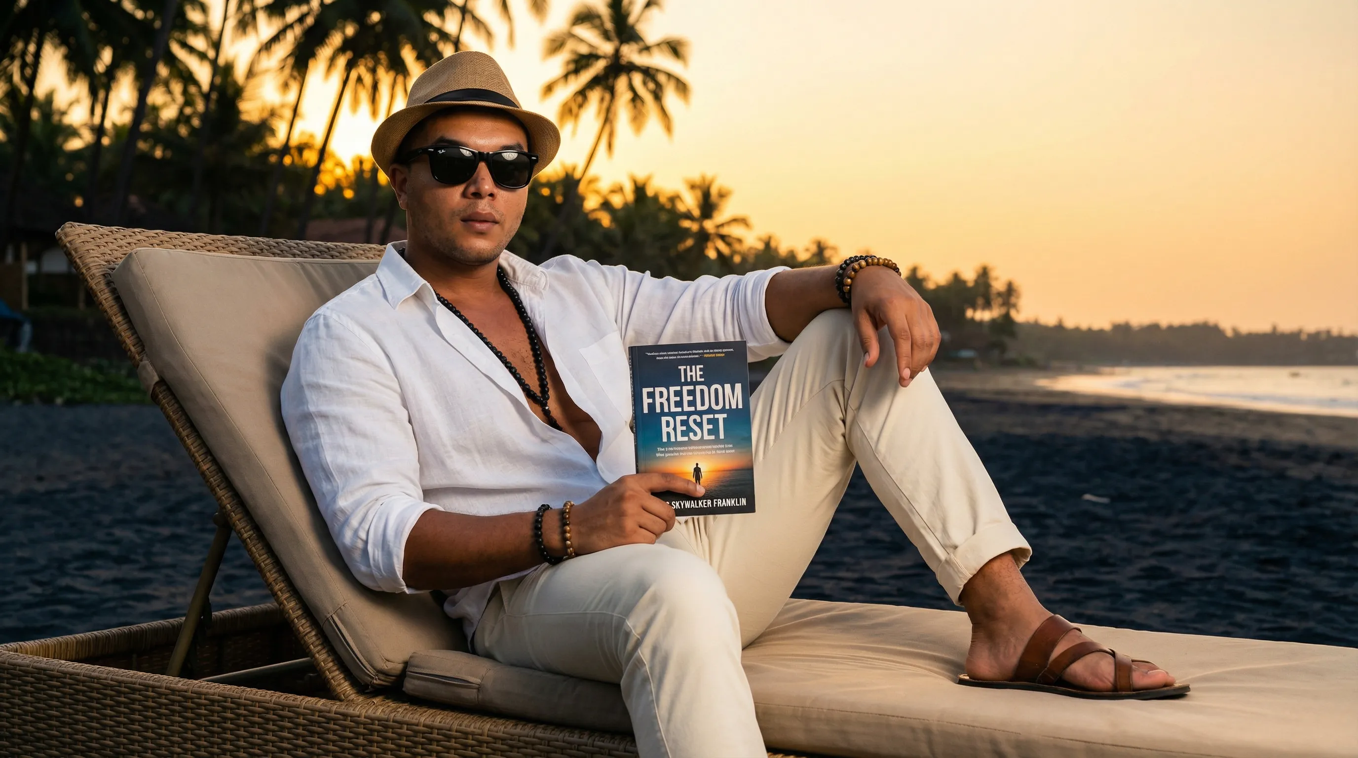 James Franklin relaxing on a tropical beach at sunset with palm trees and books - representing the freedom lifestyle